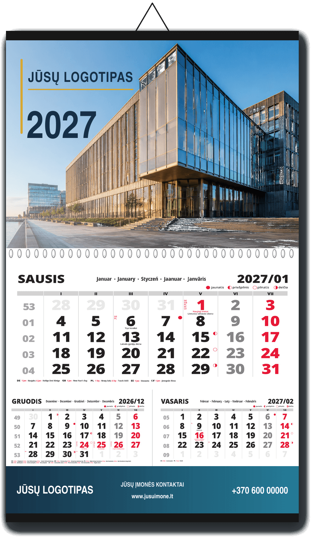 MILANO Plus sieninis kalendorius 2027 su didesniu reklaminiu plotu