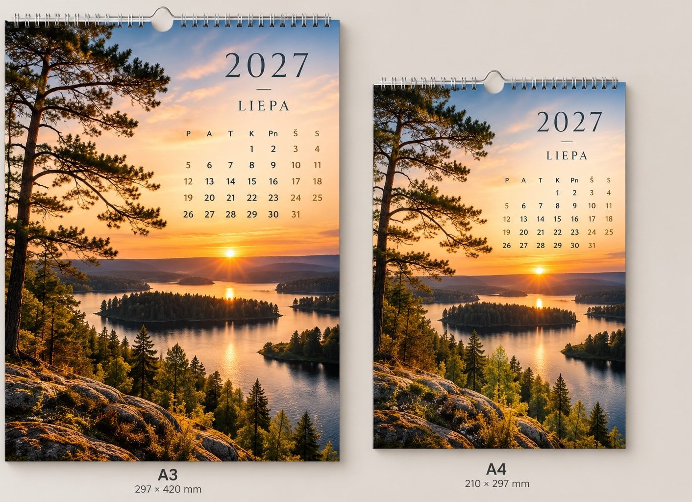 Reprezentaciniai 2027 kalendoriai, A3 ir A4 formatu palyginimas