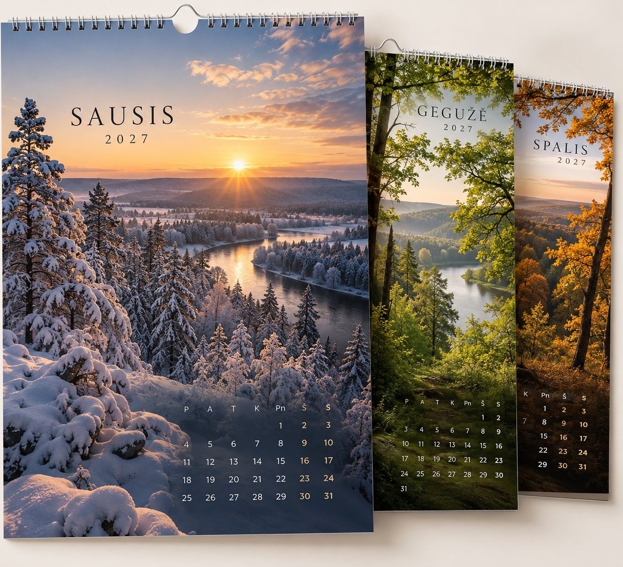 Reprezentaciniai 2027 kalendoriai - sausio, geguzes ir spalio lapai su atskiromis nuotraukomis