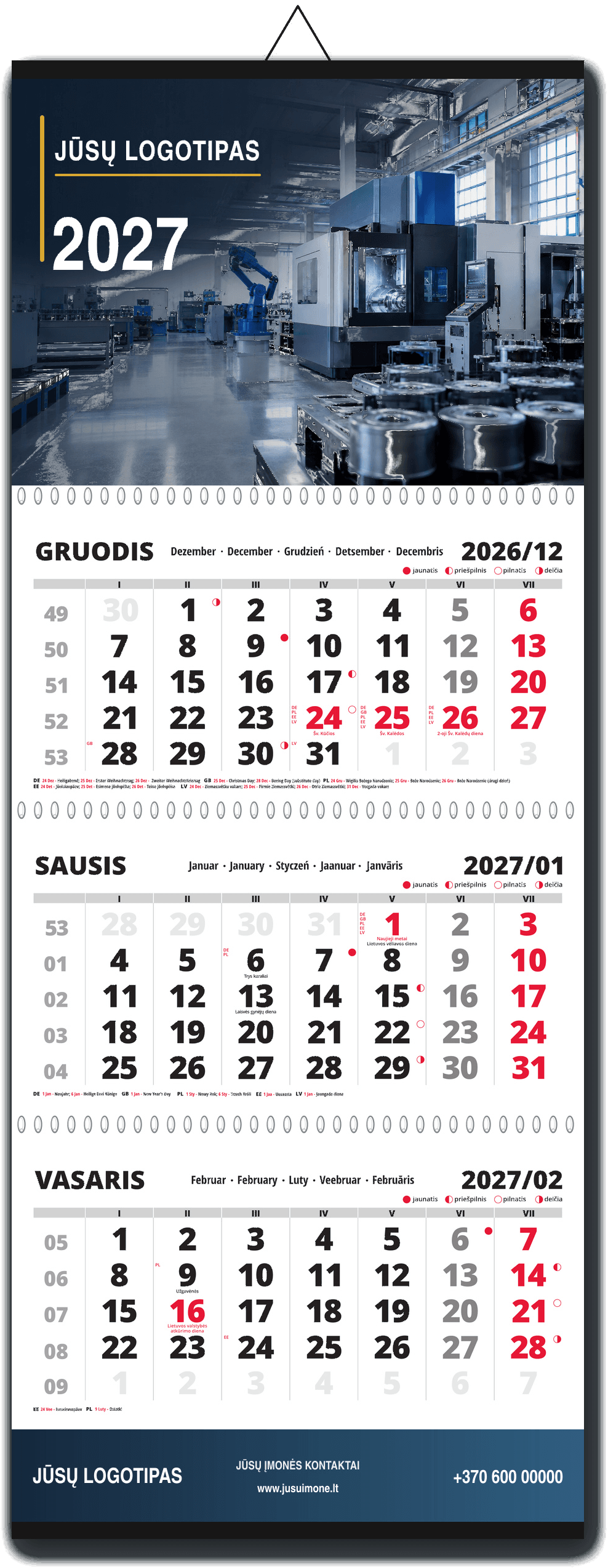 TRIO trijų dalių sieninis kalendorius 2027 su įmonės logotipu